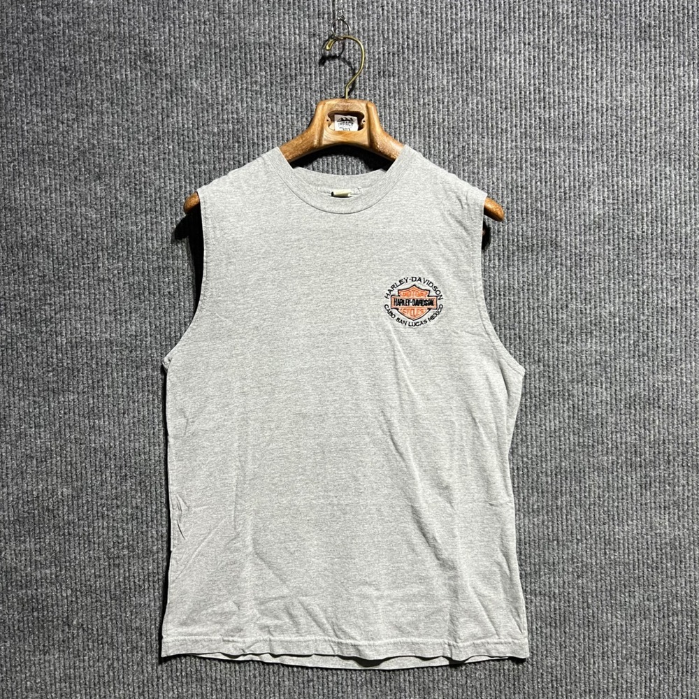 Harley Davidson Muscle Tee Mens L Gray Cabo San Lucas Embroidered Sleeveless Y2K